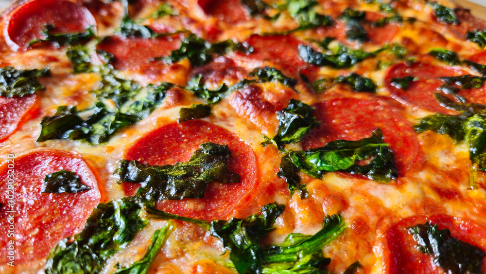closeup of pepperoni pizza with spinach background closeup of pepperoni pizza with spinach background