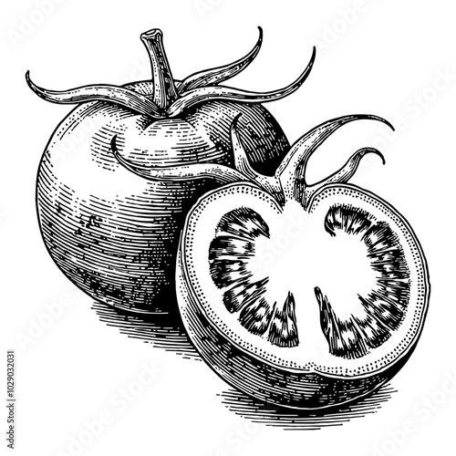 Sliced Tomato Illustration in Vintage Black and White Outline Line Art Drawing Style