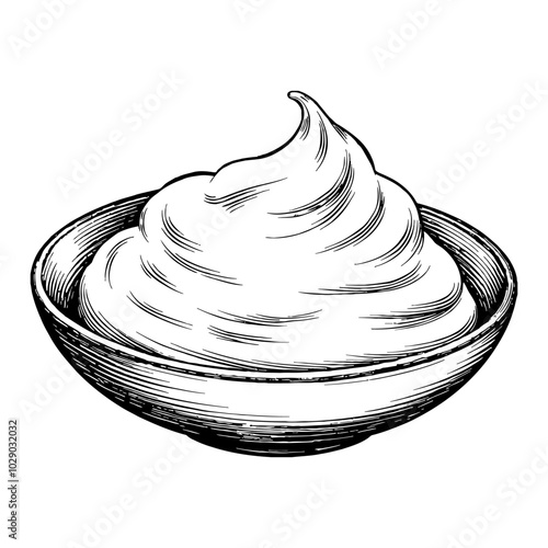 Sour Cream in Bowl Black and White Outline Line Art Drawing with Textured Details