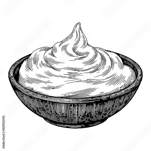 Sour Cream in Textured Bowl Black and White Outline Line Art Drawing with Detailed Engraving