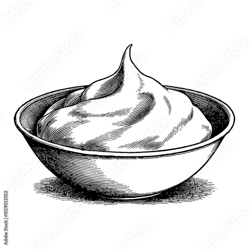 Bowl of Sour Cream Detailed Black and White Outline Line Art Drawing with Intricate Shading