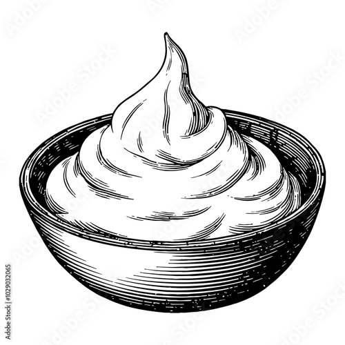 Sour Cream in a Bowl Black and White Outline Line Art Drawing with Detailed Engraving Style