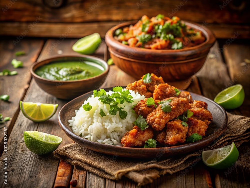 Mexican Chicharron with Green Sauce and Rice - Low Light Photography for Authentic Culinary Art Mexican Chicharron with Green Sauce and Rice - Low Light Photography for Authentic Culinary Art