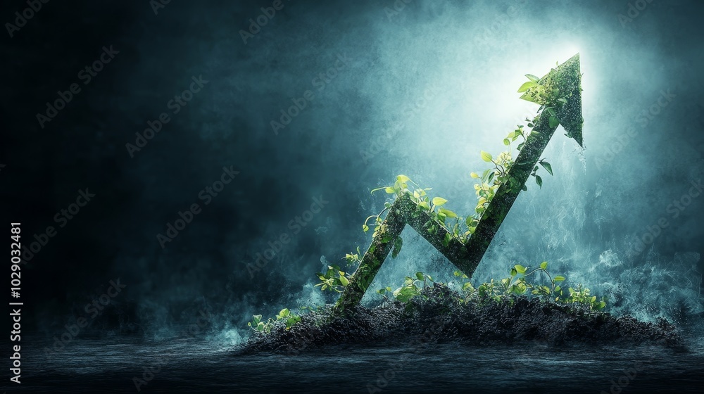 Obraz premium Vibrant arrow entwined with green vines symbolizing natural equity growth on dark blue financial chart backdrop