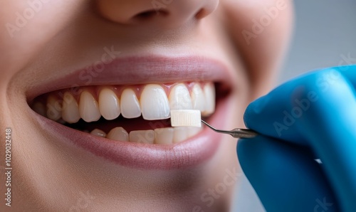 Closeup of teeth being examined with shade guide.