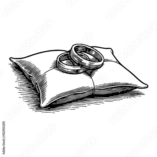 Wedding Rings Resting on a Pillow in Elegant Black and White Outline Line Art Drawing