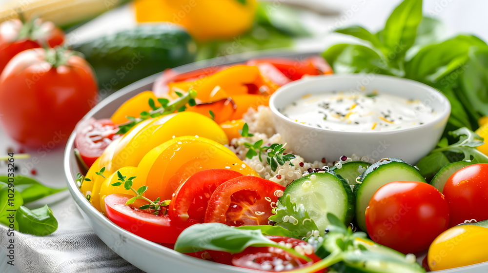 Vibrant Veggie Bowl: A colorful and healthy rainbow of fresh vegetables, quinoa, and a creamy dressing. A delicious and nutritious meal. Vibrant Veggie Bowl: A colorful and healthy rainbow of fresh vegetables, quinoa, and a creamy dressing. A delicious and nutritious meal.
