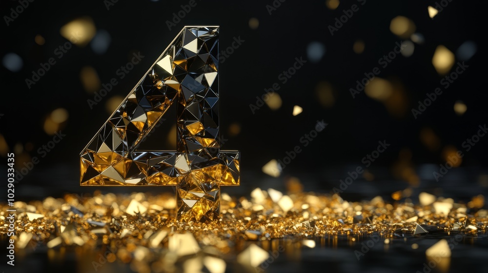 Golden Number Four 3D Rendered Geometric Design with Shimmering Background Golden Number Four 3D Rendered Geometric Design with Shimmering Background