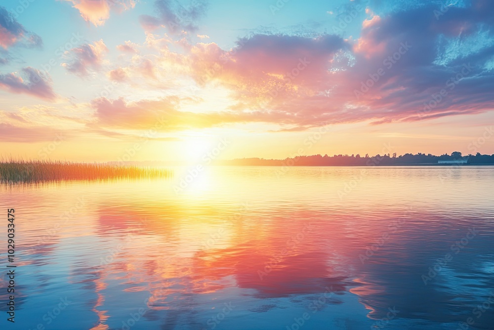 Peaceful sunset reflecting on lake. Perfect for backgrounds, travel brochures, and social media posts. Peaceful sunset reflecting on lake. Perfect for backgrounds, travel brochures, and social media posts.