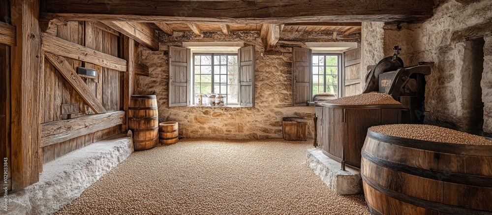 A rustic interior with a wooden floor covered in grain, wooden barrels, and a mill with grain in a wooden hopper. A rustic interior with a wooden floor covered in grain, wooden barrels, and a mill with grain in a wooden hopper.