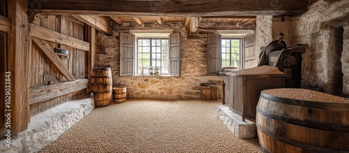 A rustic interior with a wooden floor covered in grain, wooden barrels, and a mill with grain in a wooden hopper.