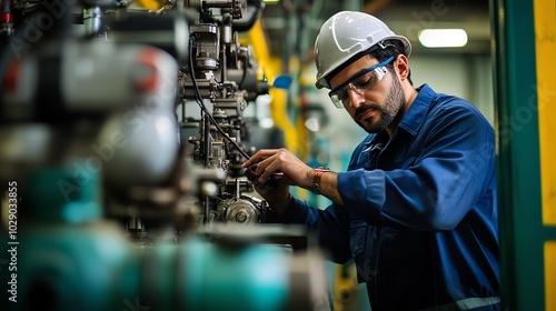 Industrial worker inspecting machinery in factory environment.