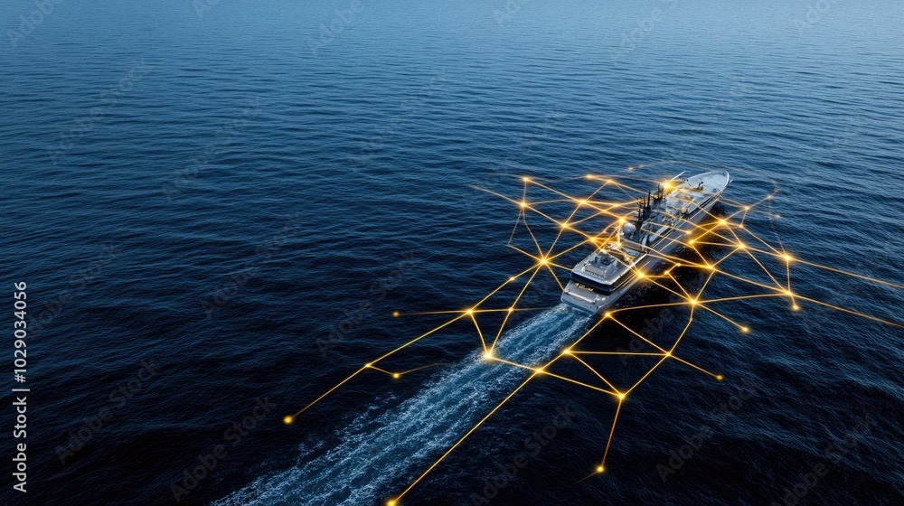 Fototapeta premium A naval ship sails through the ocean, integrated with advanced AI technology. The sunset casts a warm light over the scene, highlighting the riverside landmarks along its route
