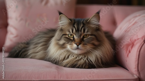 Wallpaper Mural A fluffy brown tabby cat with green eyes lays on a pink velvet couch, looking directly at the camera. Torontodigital.ca
