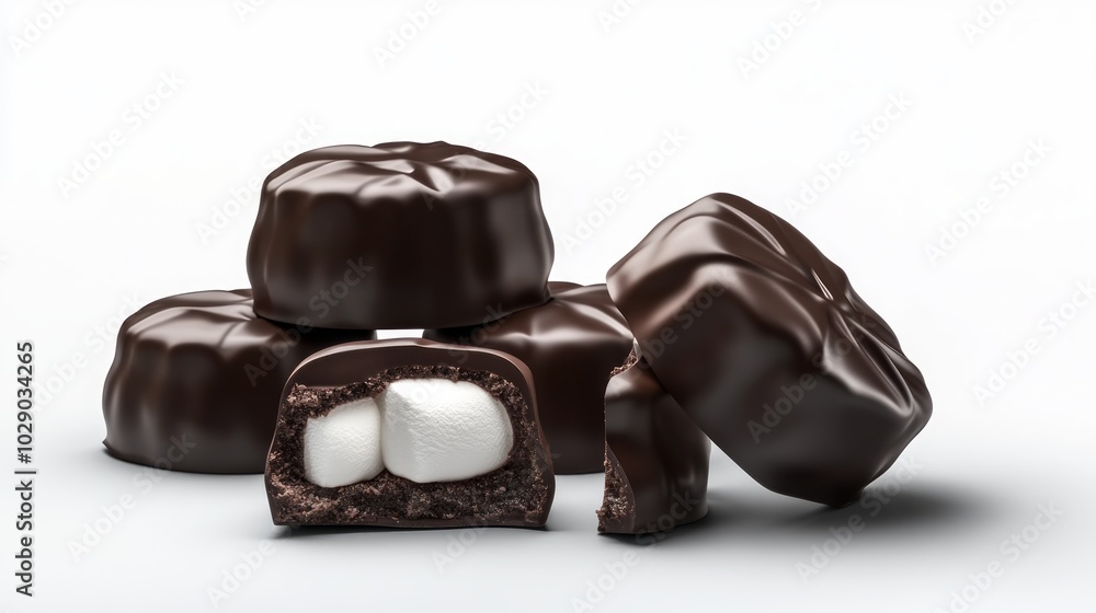 A group of round chocolate candies with a marshmallow filling, one of which has been cut open to show the filling, on a white background. A group of round chocolate candies with a marshmallow filling, one of which has been cut open to show the filling, on a white background.