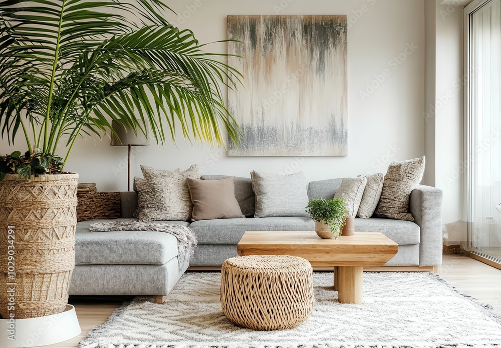 A stylish living room with a gray sofa, woven decor, and abstract art. A stylish living room with a gray sofa, woven decor, and abstract art.