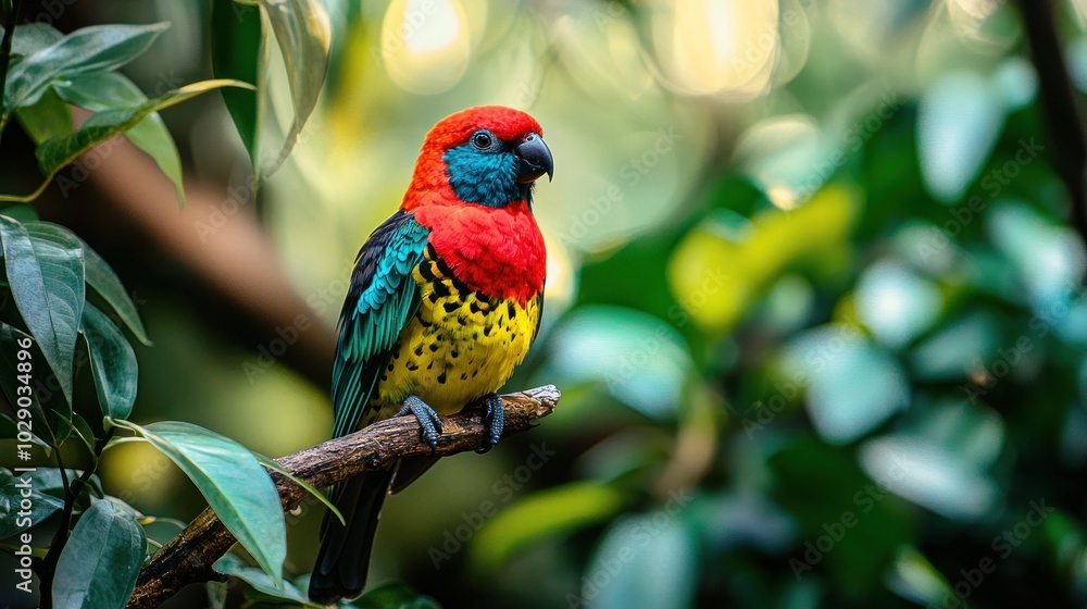Obraz premium A vibrant tropical bird perched on a branch with lush greenery.