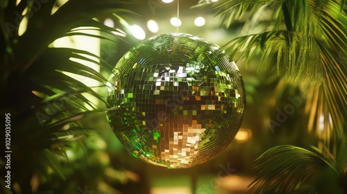 Fototapeta Naklejka Na Ścianę i Meble -  A disco ball hangs amongst lush green tropical plants.