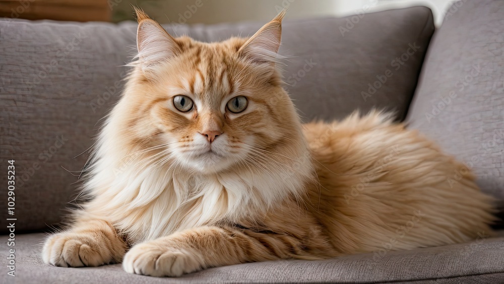 Cream siberian cat lying on sofa at home Cream siberian cat lying on sofa at home