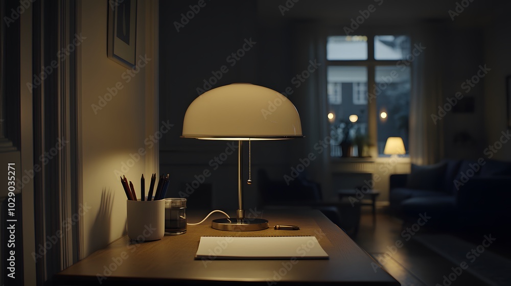 Home Office Essentials: A tidy workspace with a lamp, notepad, and a cup of pens. Home Office Essentials: A tidy workspace with a lamp, notepad, and a cup of pens.