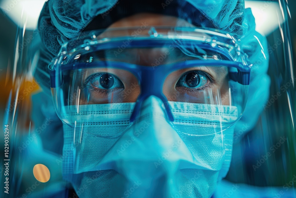 A detailed close-up of a healthcare professional wearing protective gear including a face mask, safety goggles, and a bouffant cap, focusing on their determined eyes