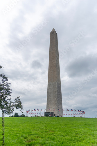 Washington Monument surrounded by US Flags under a cloudy sky