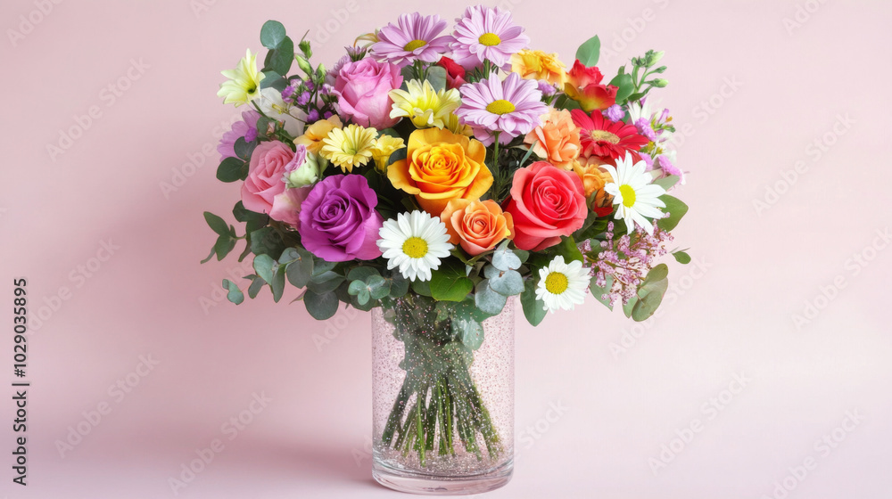 Vase with colorful flowers including roses and daisies on light background Vase with colorful flowers including roses and daisies on light background