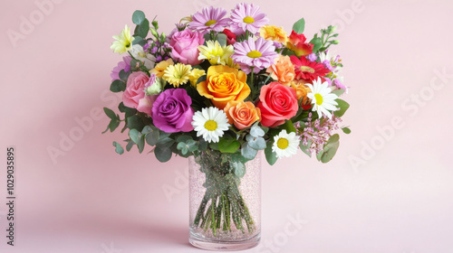 Wallpaper Mural Vase with colorful flowers including roses and daisies on light background Torontodigital.ca