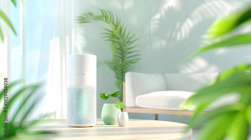Modern Home Oasis: A serene and stylish living room with natural light streaming through the window, a sleek humidifier adding moisture to the air, surrounded by lush greenery. Modern Home Oasis: A serene and stylish living room with natural light streaming through the window, a sleek humidifier adding moisture to the air, surrounded by lush greenery.
