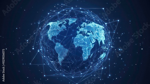 A digital rendering of the Earth as a glowing blue sphere connected by lines and dots, symbolizing global connectivity.