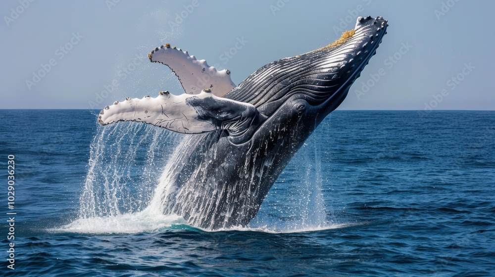 Fototapeta premium Humpback Whale Breaching Against Clear Sky and Deep Blue Ocean Backdrop