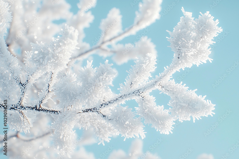 Frost-covered branches against a bright blue sky in winter Frost-covered branches against a bright blue sky in winter