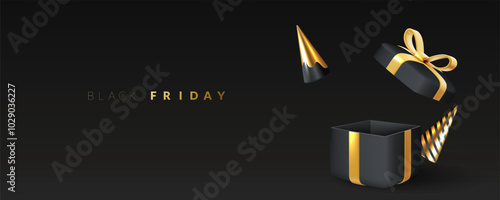  Black Friday background with open black gift box. 