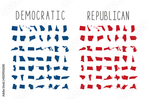 Set of United States of America Map in red and blue colour. Voting presidential Election. Republicans and democrats map.