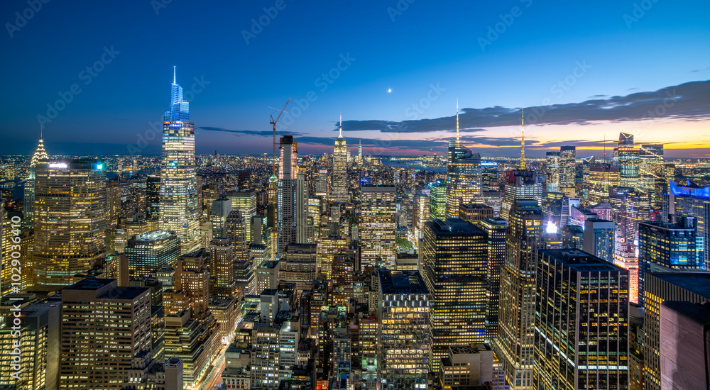 View of New York City skyline at night