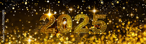 2025 golden and bright number in abstract night  illuminated   by blur lights in panoramic size -holidays background