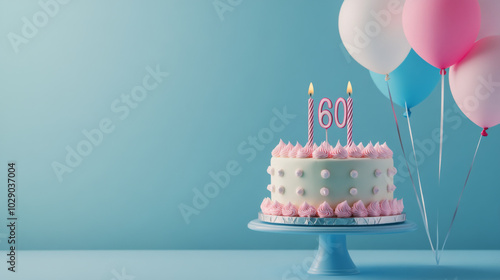 Birthday cake with candles for 60 years, balloons in pastel background