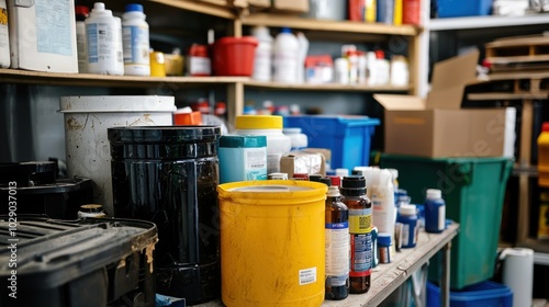 Plakat Various household hazardous waste containers, such as cleaning products and batteries, organized for disposal.