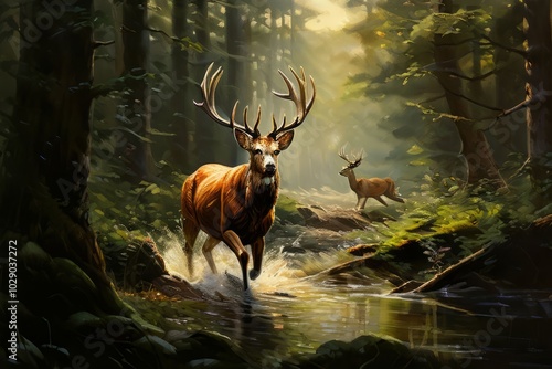 deer bounding through the forest photo