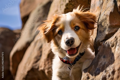 a dog scaling a rock wall
