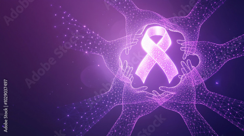 An inspiring World Cancer Day background with interconnected hands forming a circle around a glowing cancer ribbon, set against a gradient purple backdrop photo