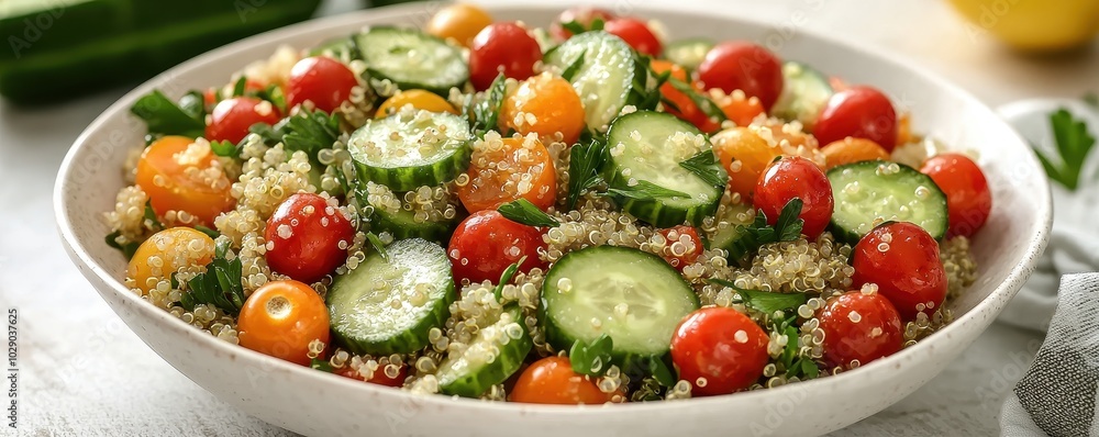 Fresh quinoa salad with cherry tomatoes, cucumber slices, and parsley in a white bowl Fresh quinoa salad with cherry tomatoes, cucumber slices, and parsley in a white bowl