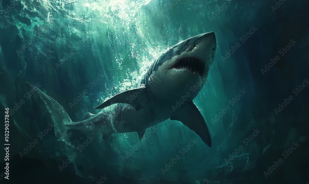Fototapeta premium Great white shark swimming underwater.