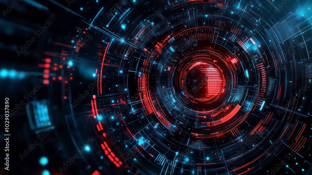 Abstract digital background with glowing red and blue circles, lines, and particles. Abstract digital background with glowing red and blue circles, lines, and particles.