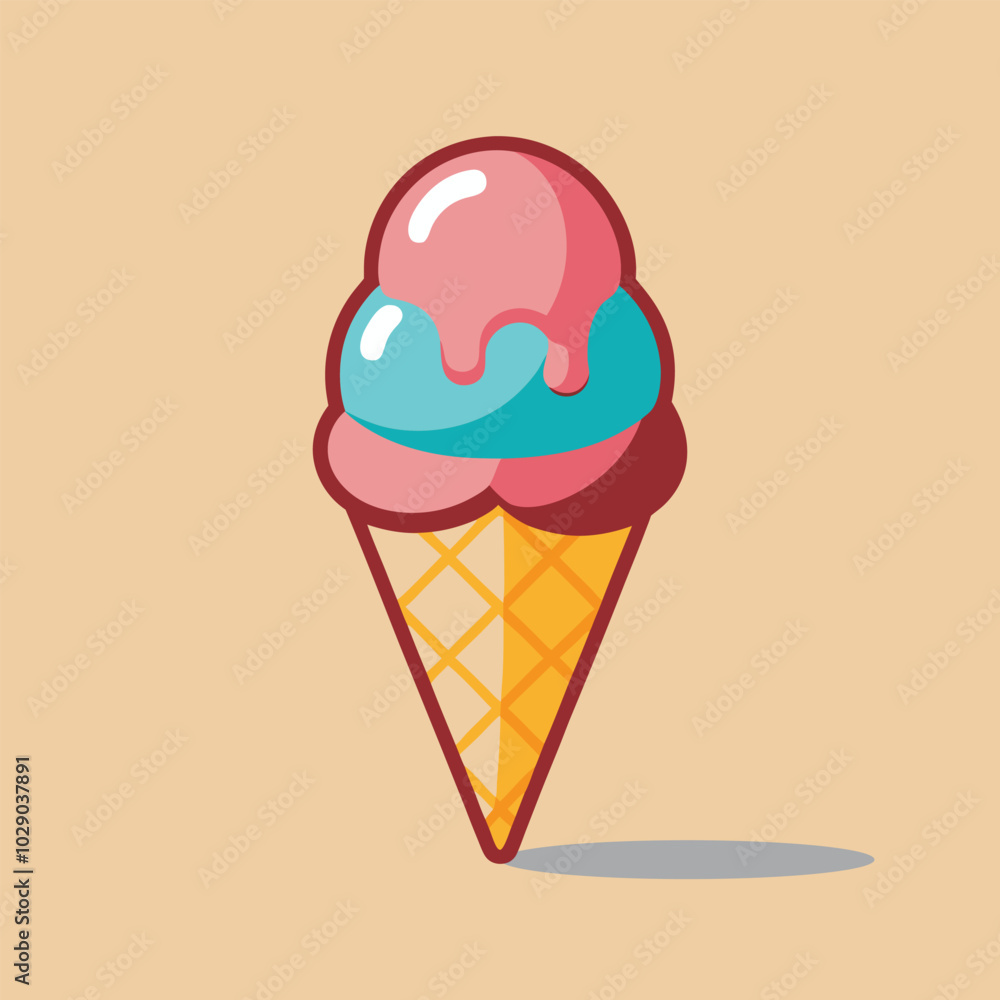 Ice Cream Cone Flat Design Dessert Icon, Melting Ice Cream Cone, Cold desserts Ice Cream Cone Flat Design Dessert Icon, Melting Ice Cream Cone, Cold desserts