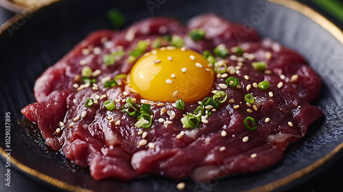 Luxurious raw horse meat yukhoe on a stylish plate photo