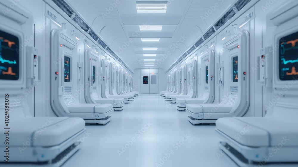 Futuristic hospital where technocrats oversee technological advancements in healthcare Futuristic hospital where technocrats oversee technological advancements in healthcare