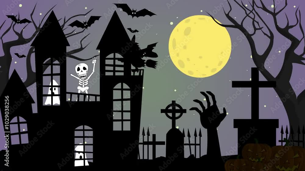 Animated Halloween video with, moon, bats, ghosts, castle, pumpkin, skeleton, witch and a hand in the cemetery, background, art. Animated Halloween video with, moon, bats, ghosts, castle, pumpkin, skeleton, witch and a hand in the cemetery, background, art.