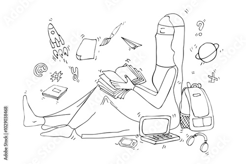 Sitting  muslim woman reading a book. Girl with backpack, phone, book, computer, rocket, coffee, telephone, notebook. Self-study at home. School or free time at home. Hand drawn vector illustration