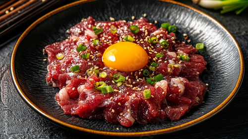 Luxurious raw horse meat yukhoe on a stylish plate